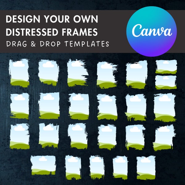 Design Your Own Bleach Effect Distressed Edge Canva Frames, Grunge Pages Canva Template, Editable, Photo Collage, Grunge Frames Bundle