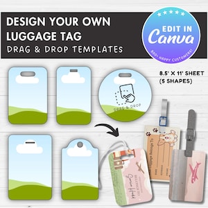 Op de afbeelding: Afbeelding van bagagelabelsjablonen met de tekst "DESIGN YOUR OWN LUGGAGE TAG" en "DRAG & DROP TEMPLATES." De afbeelding bevat verschillende labelvormen, een Canva-logo en voorbeelden van labels met reisontwerpen. De afmeting van het vel is 21,6 x 27,9 cm.