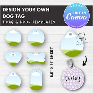 Plantilla editable de Canva para placa de identificación de perro (arrastrar y soltar fácilmente), plantilla de sublimación de placa de identificación de perro, plantilla de placa de identificación de hueso, etiqueta de placa de identificación de perro, paquete de marcos de Canva