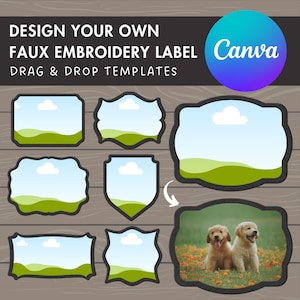 Puede incluir: Un conjunto de 7 plantillas de etiquetas de bordado personalizables que presentan una escena de paisaje con un cielo azul, nubes blancas y colinas verdes. Las plantillas están diseñadas para ser utilizadas con Canva, una plataforma de diseño online popular. Las plantillas son perfectas para añadir un toque personal a tus manualidades y proyectos.