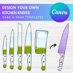 May include: A set of six kitchen knives with different blade shapes and sizes. The knives have a green, blue, and white design. The knives are on a white wooden background. The text "Design Your Own Kitchen Knives Drag & Drop Templates" is at the top of the image. The text "Canva" is in a purple and blue circle in the top right corner of the image.