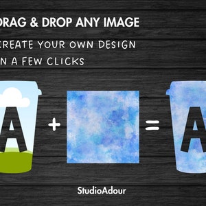 Puede incluir: Un dise&ntilde;o de acuarela azul y blanco con una nube blanca y hierba verde en el lado izquierdo de la imagen. El dise&ntilde;o se superpone a una letra A blanca. El dise&ntilde;o est&aacute; en una taza de caf&eacute; blanca. El texto "DRAG & DROP ANY IMAGE" est&aacute; en la parte superior de la imagen. El texto "CREATE YOUR OWN DESIGN" est&aacute; debajo de la primera l&iacute;nea de texto. El texto "IN A FEW CLICKS" est&aacute; debajo de la segunda l&iacute;nea de texto. El texto "StudioAdour" est&aacute; en la parte inferior de la imagen. El texto "+" est&aacute; entre la taza de caf&eacute; y un cuadrado de acuarela azul y blanco. El texto "=" est&aacute; entre el cuadrado y una taza de caf&eacute; de acuarela azul y blanco con una letra A blanca en ella.