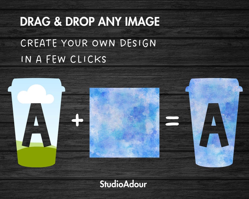 Puede incluir: Un dise&ntilde;o de acuarela azul y blanco con una nube blanca y hierba verde en el lado izquierdo de la imagen. El dise&ntilde;o se superpone a una letra A blanca. El dise&ntilde;o est&aacute; en una taza de caf&eacute; blanca. El texto "DRAG & DROP ANY IMAGE" est&aacute; en la parte superior de la imagen. El texto "CREATE YOUR OWN DESIGN" est&aacute; debajo de la primera l&iacute;nea de texto. El texto "IN A FEW CLICKS" est&aacute; debajo de la segunda l&iacute;nea de texto. El texto "StudioAdour" est&aacute; en la parte inferior de la imagen. El texto "+" est&aacute; entre la taza de caf&eacute; y un cuadrado de acuarela azul y blanco. El texto "=" est&aacute; entre el cuadrado y una taza de caf&eacute; de acuarela azul y blanco con una letra A blanca en ella.