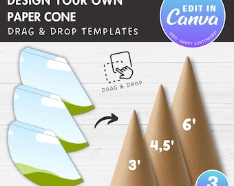 Papierkegel bearbeitbare Canva-Vorlage, ziehen und ablegen, Geburtstagskegel-Sublimationsvorlage, Partykegelhut, Süßigkeitskegelvorlage, DIY-Leckereikegel