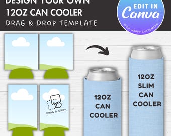 12oz Can Cooler Template, 12oz Slim Can Cooler Editable Canva Template, Drag and Drop, Beer Cooler Template, Blank Template for Sublimation
