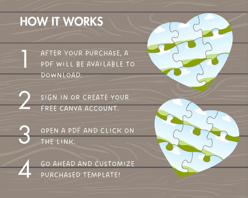 May include: A graphic with four steps on how to use a Canva template. The steps are numbered 1 through 4. Each step has a description and a heart-shaped puzzle piece with a blue and green design. The text says "HOW IT WORKS".