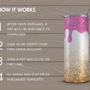 May include: How to customize a tumbler design using Canva.  Instructions include purchasing a PDF template, signing into Canva, opening the PDF, and clicking on the link to customize the template.