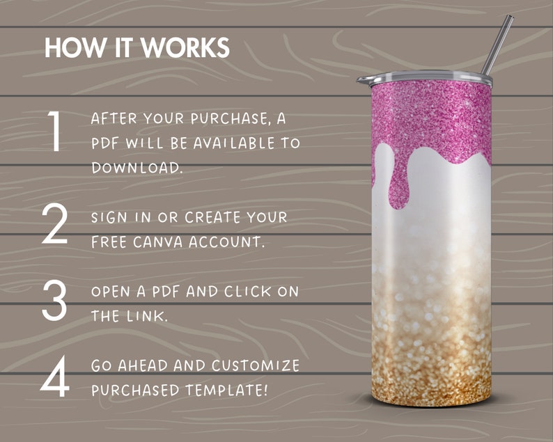 May include: How to customize a tumbler design using Canva.  Instructions include purchasing a PDF template, signing into Canva, opening the PDF, and clicking on the link to customize the template.
