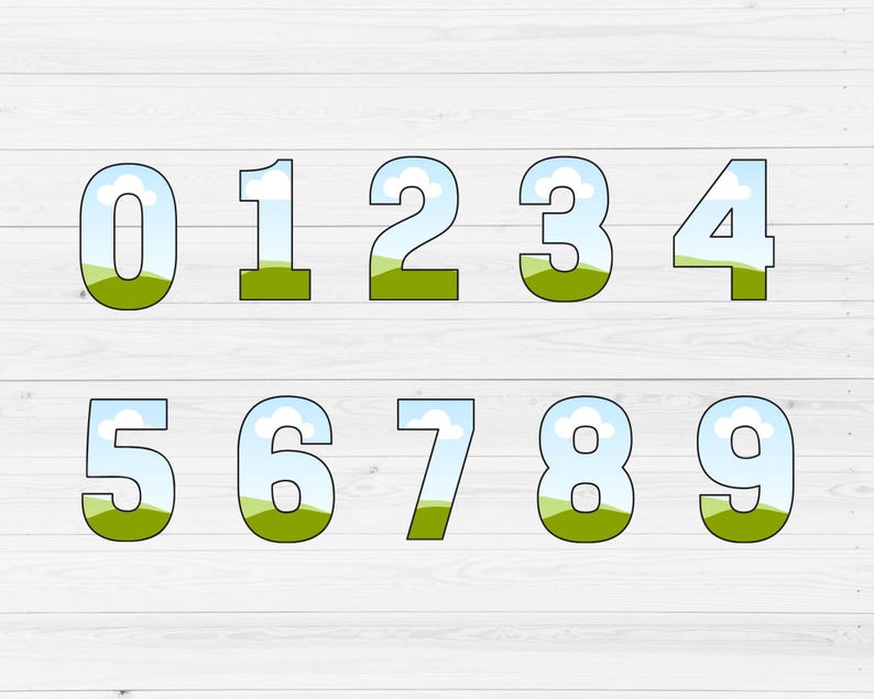 May include: Numbers 0 through 9 with a blue sky and green grass background. Each number is outlined in black.