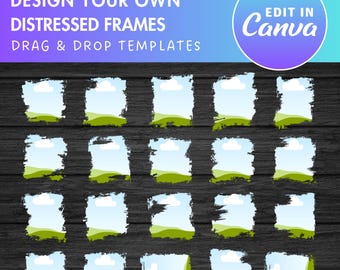 Entwerfen Sie Ihre eigenen Distressed Edge Canva Rahmen, Grunge Seiten Vorlagen, Ziehen und Ablegen (Drag & Drop) Canva Rahmen bündeln, Sublimationsdesign, Fotocollage