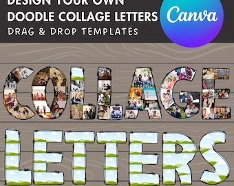 Diseña tu propio collage de fotos en Canva, plantilla de collage editable de Canva, arrastra y suelta fotos, collage de letras doodle, collage de fotos del alfabeto