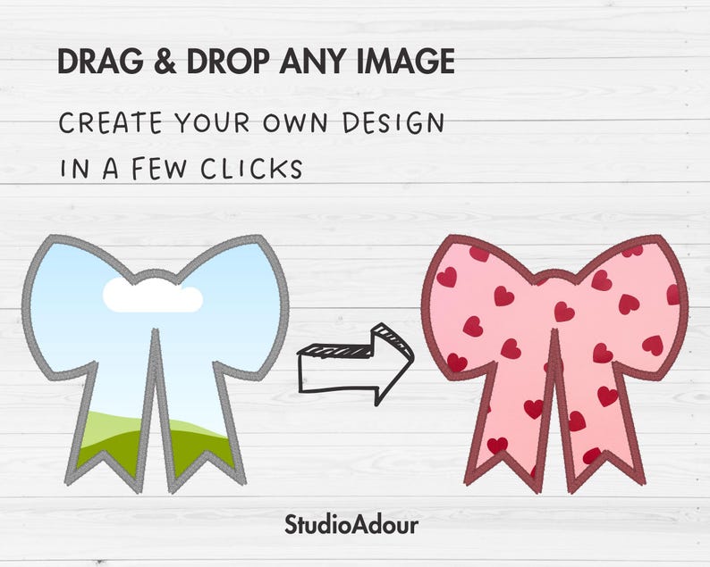 K&ouml;nnte beinhalten: Ein Bild mit einem Schleifendesign, eines mit hellblauem Hintergrund und das andere rosa mit roten Herzen. Der Text lautet "DRAG & DROP ANY IMAGE CREATE YOUR OWN DESIGN IN A FEW CLICKS". Das StudioAdour-Logo befindet sich unten.