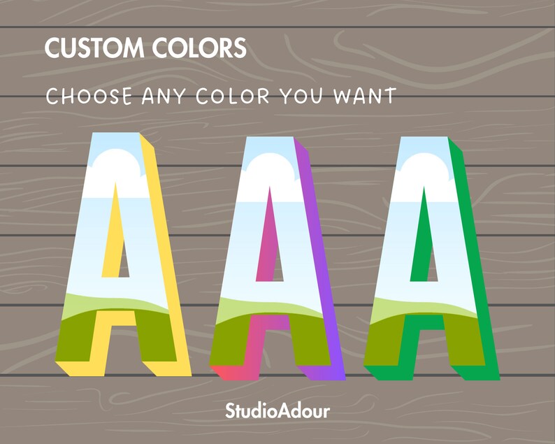 May include: Three stylized letter 'A's in different colors. The first 'A' is yellow with a green base, the second 'A' is pink with a purple base, and the third 'A' is green with a blue base. Each 'A' has a white cloud and a green field inside. The text 'CUSTOM COLORS CHOOSE ANY COLOR YOU WANT' is above the 'A's. The text 'Studio Adour' is below the 'A's.