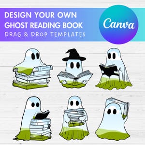 Design Your Own Retro Ghost, Ghost Reading Book Canva Template, Drag and Drop, Spooky Season, Halloween Canva Frames, Book Lover Ghost