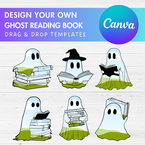 Design Your Own Retro Ghost, Ghost Reading Book Canva Template, Drag and Drop, Spooky Season, Halloween Canva Frames, Book Lover Ghost