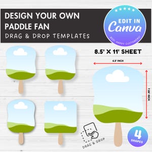 Könnte beinhalten: Bild von Paddel-Fan-Vorlagen mit einem Himmel und einer grünen Landschaft. Das Bild enthält den Text "DESIGN YOUR OWN PADDLE FAN" und "DRAG & DROP TEMPLATES". Die Paddel-Fans sind 16,5 cm breit und 18,4 cm hoch.