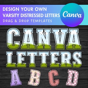 Diseña tu propio alfabeto universitario desgastado en Canva. Paquete de marcos de Canva. Arrastra y suelta. Letras universitarias grunge editables. Plantilla de Canva.