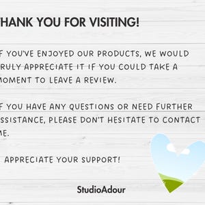 May include: White background with black text that reads "THANK YOU FOR VISITING!" and other text. A blue and green heart graphic is in the bottom right corner. The text also says "StudioAdour".