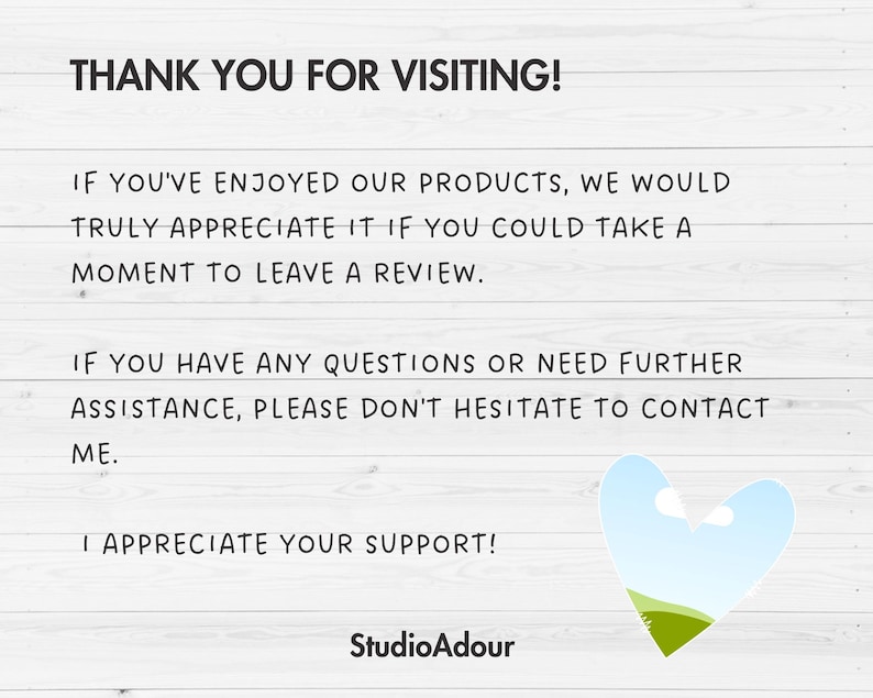 May include: White background with black text that reads "THANK YOU FOR VISITING!" and other text. A blue and green heart graphic is in the bottom right corner. The text also says "StudioAdour".