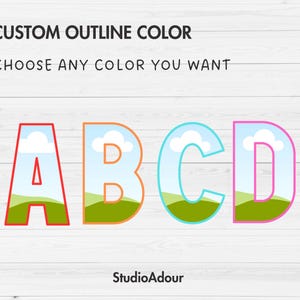 May include: Customizable outline color for the letters A, B, C, and D. The letters are outlined in red, orange, blue, and pink. The letters are filled with a blue sky and green grass design. The text "CUSTOM OUTLINE COLOR" and "CHOOSE ANY COLOR YOU WANT" is at the top of the image.