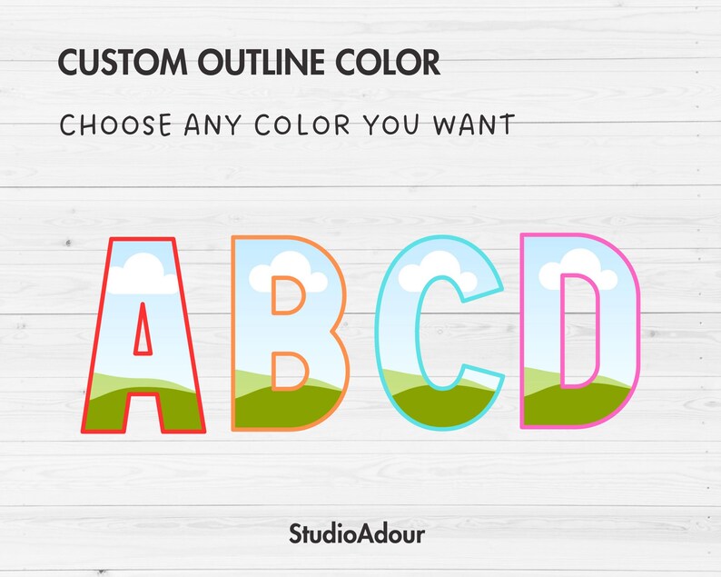 May include: Customizable outline color for the letters A, B, C, and D. The letters are outlined in red, orange, blue, and pink. The letters are filled with a blue sky and green grass design. The text "CUSTOM OUTLINE COLOR" and "CHOOSE ANY COLOR YOU WANT" is at the top of the image.