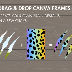 May include: A graphic showing how to create custom designs using Canva frames. The image shows three blue and white claw marks, a plus sign, a rainbow and black spotted rectangle, an equals sign, and three rainbow and black spotted claw marks.