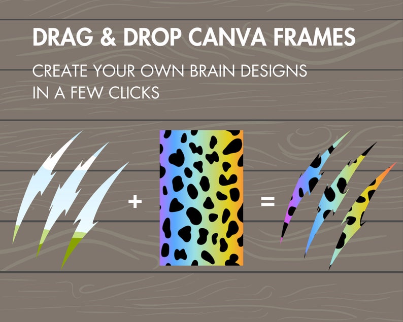 May include: A graphic showing how to create custom designs using Canva frames. The image shows three blue and white claw marks, a plus sign, a rainbow and black spotted rectangle, an equals sign, and three rainbow and black spotted claw marks.