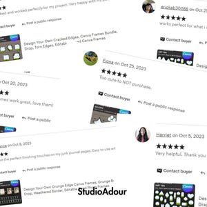 May include: Five-star Etsy reviews for a digital product featuring Canva frames. The reviews highlight the product's ease of use, quality, and aesthetic appeal. The product description includes the text "Design Your Own Cracked Edges, Canva Frames Bundle, Drop, Torn Edges, Editable".