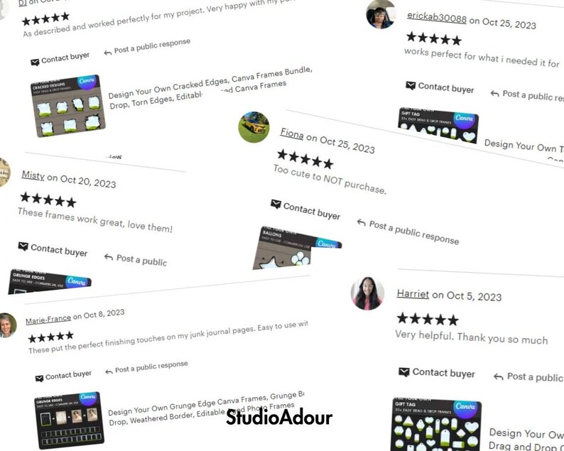 May include: Five-star Etsy reviews for a digital product featuring Canva frames. The reviews highlight the product's ease of use, quality, and aesthetic appeal. The product description includes the text "Design Your Own Cracked Edges, Canva Frames Bundle, Drop, Torn Edges, Editable".