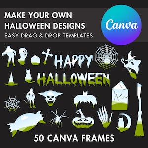 50 Fall Halloween Canva Frames Bundle, Spooky Canva Templates, Drag and Drop, Editable Canva Frames, Halloween Clipart, Creepy Frames Mockup