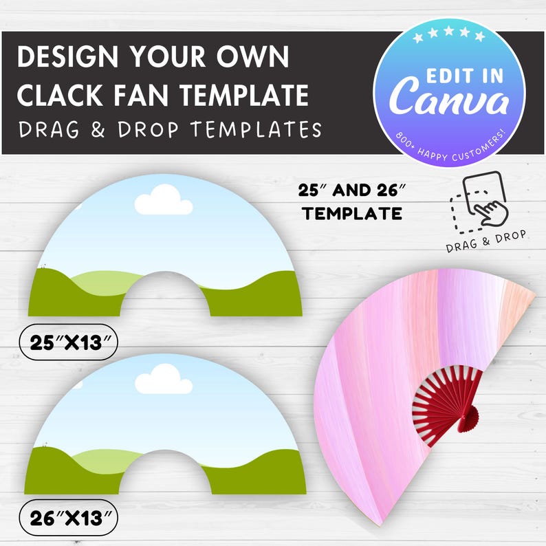 May include: Two printable templates for creating 25-inch and 26-inch clack fans. The templates feature a sky blue background with white clouds and green hills. The text "25" x 13" and "26" x 13" is printed on the templates. The image also shows a completed clack fan with a pink and white ombre design.
