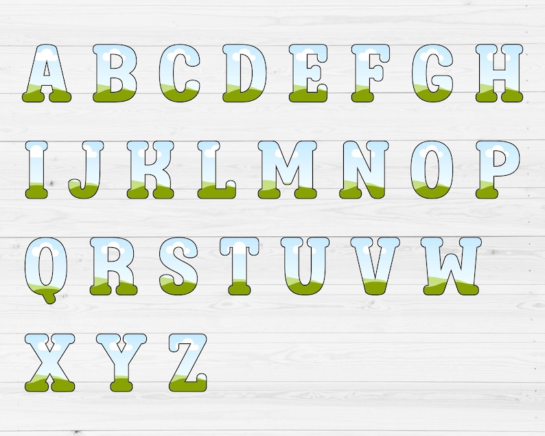 May include: A full alphabet set, each letter is designed with a landscape theme. The letters are outlined in black, with a blue sky and green hills filling the inside. The background is a white wood grain.