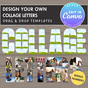 Diseña tu propio collage de fotos en Canva, paquete de marcos de letras y números de Canva, plantilla de Canva de arrastrar y soltar, collage de fotos con letras editables