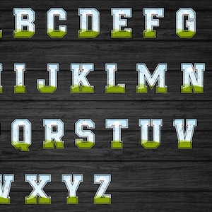 May include: A vintage-style alphabet with each letter featuring a blue sky and green grass design. The letters are white with a black outline and a distressed texture.