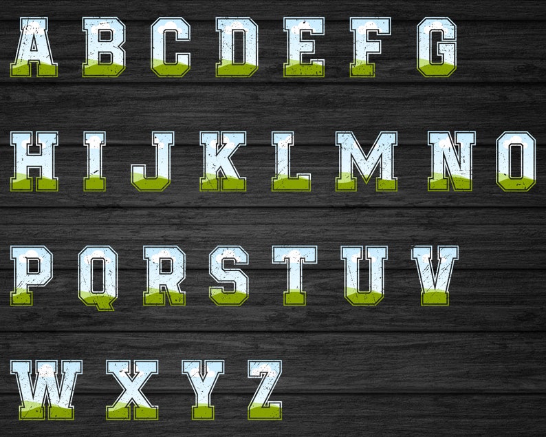 May include: A vintage-style alphabet with each letter featuring a blue sky and green grass design. The letters are white with a black outline and a distressed texture.