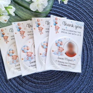 Boy 1st birthday favors Photo Magnet with Teddy Bear and Balloons - Personalized Thank You Gift for Guests