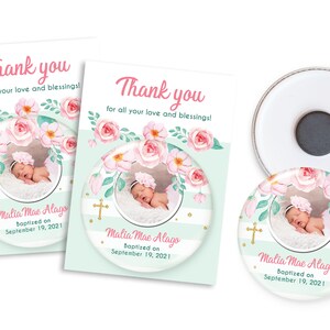 Faveurs de fête de baptême de couleurs rose et menthe, faveurs de baptême, aimants personnalisés avec photo de bébé fille et carte de remerciement