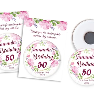 Faveurs florales d'anniversaire d'adulte - Aimants ronds personnalisés avec carte de remerciement