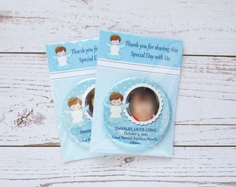Christening favors, Baptism souvenir, personalized magnets with baby boy photo and little angel picture