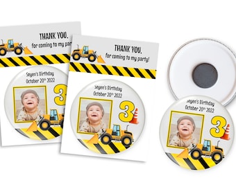 Construction party favors, Construction trucks personalized magnets, 3rd birthday favors