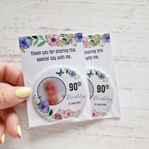 90th birthday favors with violet flowers and a photo - personalized magnets for any age party