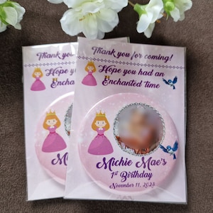 Tema principessa 1° compleanno bomboniere - Magneti con foto personalizzate con biglietto di ringraziamento. Regalo di ritorno per gli ospiti