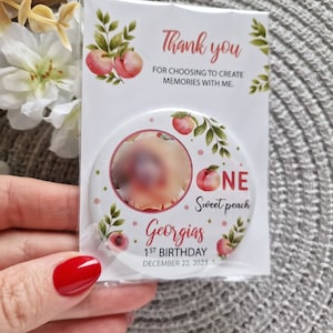 Custom photo magnet - First birthday favor One Sweet Peach theme - Personalized thank you gift for guests