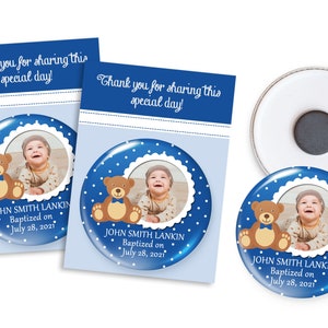Doopbedankjes voor babyjongens, gepersonaliseerde fotomagneten met babyfoto en bedankkaartje