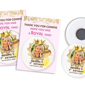Prinzessin Gastgeschenk, personalisierte Magneten mit Babys Bild und Dankeskarte