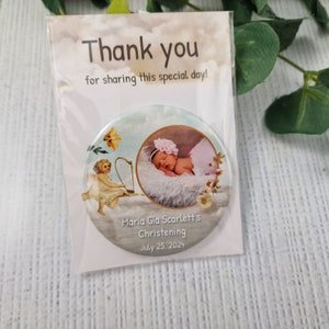 Bomboniere battesimo bimbo, bimba, Magneti personalizzati, Design angelo, Foto magnetiche personalizzate con foto del bambino e biglietto di ringraziamento