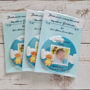 Favor de batismo do bebê, ímã de foto personalizado com foto do bebê e cartão de agradecimento