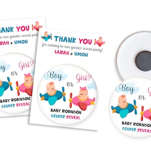 Gender reveal party favors, aimants personnalisés avec carte de remerciement