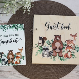 Libro del primo compleanno del bosco con segno del libro degli ospiti, tema degli animali del bosco del libro degli ospiti personalizzato (WL01)