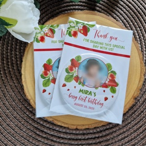 Berry first birthday party favors,  photo magnets with strawberry picture